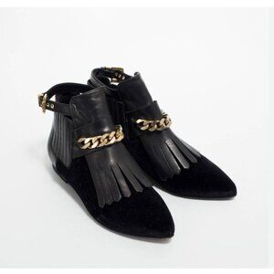 Chiara Ferragni Boots Womens Size 9 Black Leather Suede Fringe Chain Ankle Flat